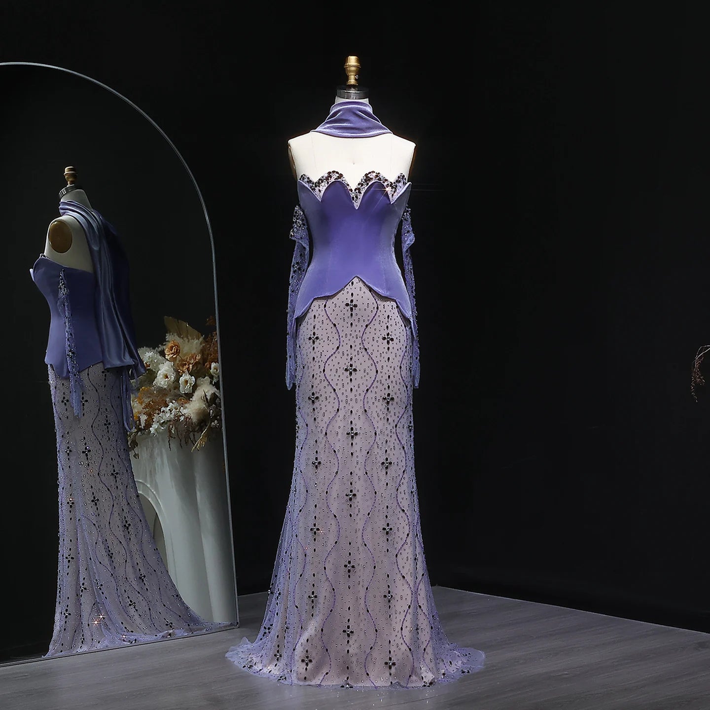 Purple Velvet Two-Piece Mermaid Evening Gown with Gloves and Scarf — Riviera Couture GCC Luxury Evening Gown