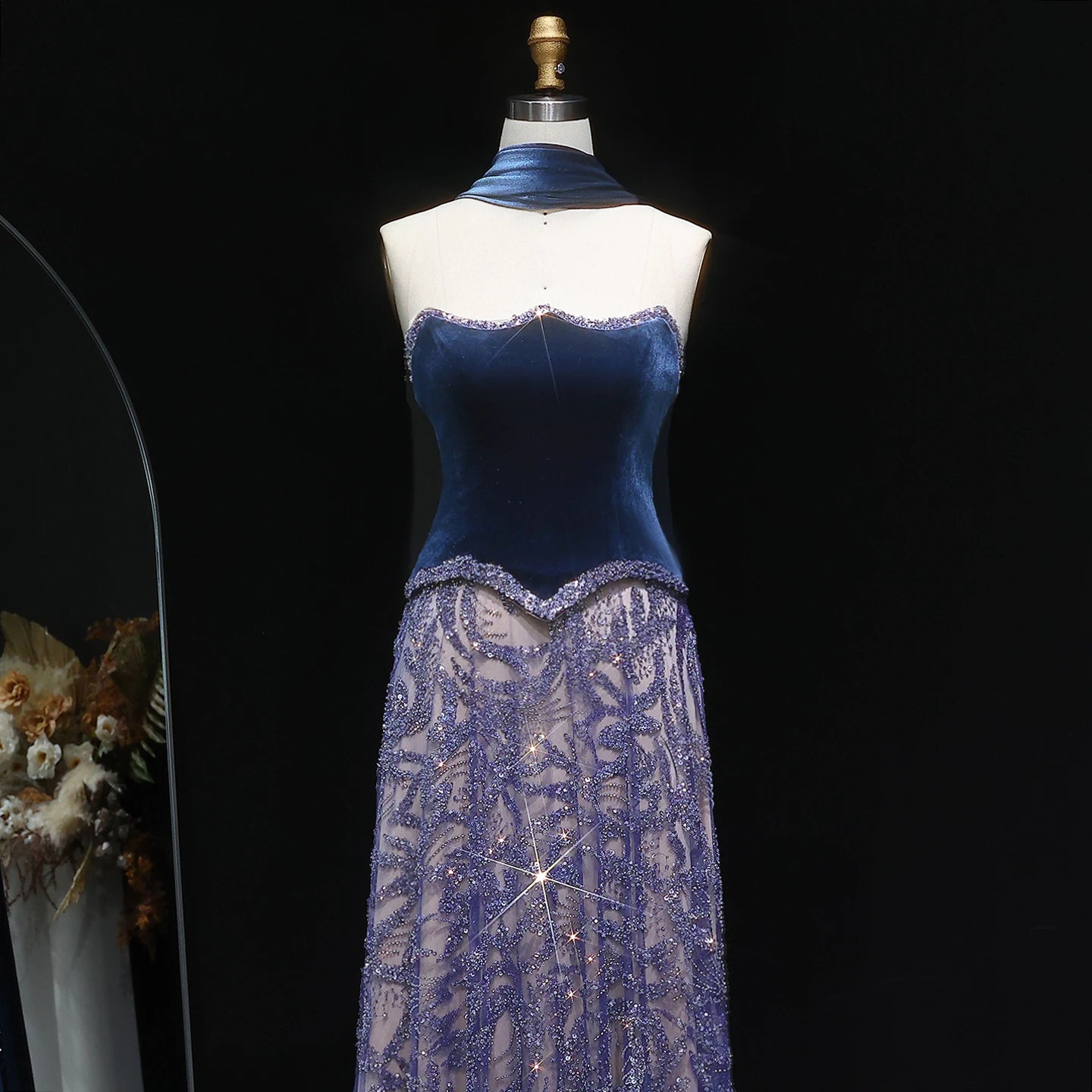 Turquoise Blue Velvet Two-Piece Evening Gown with Scarf — Arabic Luxury — Riviera Couture GCC Luxury Evening Gown