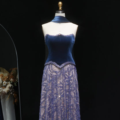 Turquoise Blue Velvet Two-Piece Evening Gown with Scarf — Arabic Luxury — Riviera Couture GCC Luxury Evening Gown
