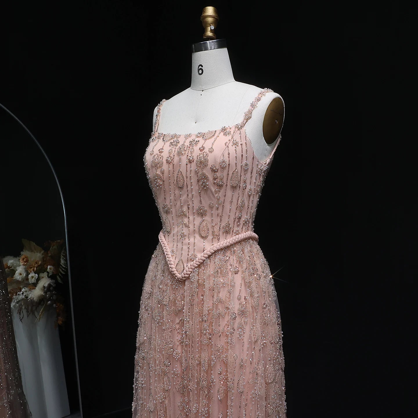 Nude Long Sleeves Sage Green Spaghetti Strap Evening Gown — Arabic Luxury 2026 — Riviera Couture GCC Luxury Evening Gown