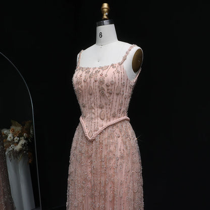 Nude Long Sleeves Sage Green Spaghetti Strap Evening Gown — Arabic Luxury 2026 — Riviera Couture GCC Luxury Evening Gown