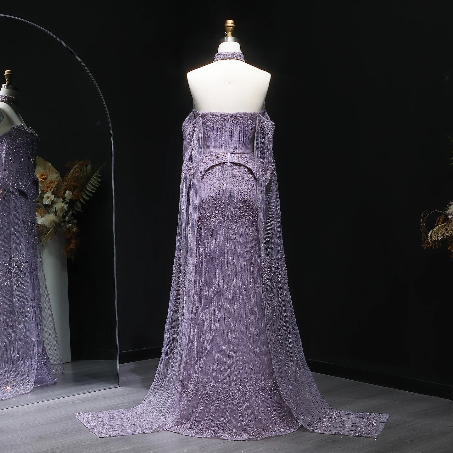 Lilac Grey Crystal Off-Shoulder Evening Gown with Cape Sleeves — 2026 — Riviera Couture GCC Luxury Evening Gown