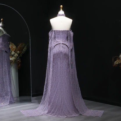 Lilac Grey Crystal Off-Shoulder Evening Gown with Cape Sleeves — 2026 — Riviera Couture GCC Luxury Evening Gown