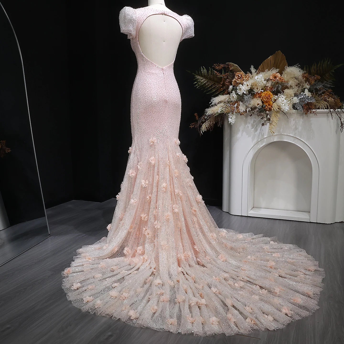 Pink Floral Sequined Mermaid Evening Gown — GCC Wedding Formal — Riviera Couture GCC Luxury Evening Gown