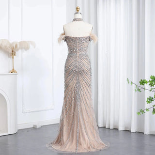 Feather Beaded Mermaid Evening Dress with Chocker - Riviera Couture