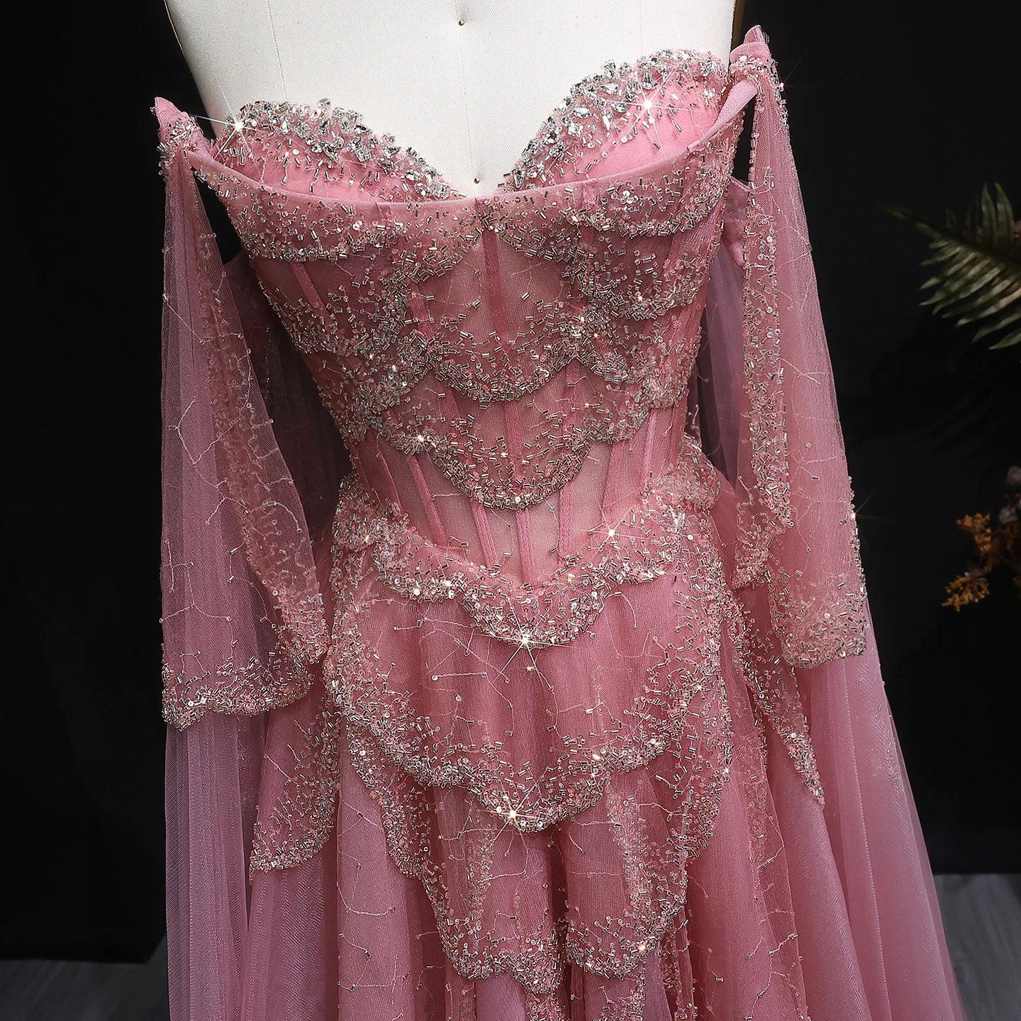 pink Sage Green Sweetheart Evening Gown with Cape Sleeves — GCC Formal — Riviera Couture GCC Luxury Evening Gown