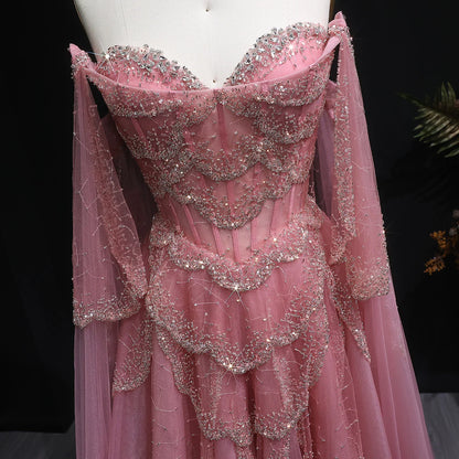 pink Sage Green Sweetheart Evening Gown with Cape Sleeves — GCC Formal — Riviera Couture GCC Luxury Evening Gown