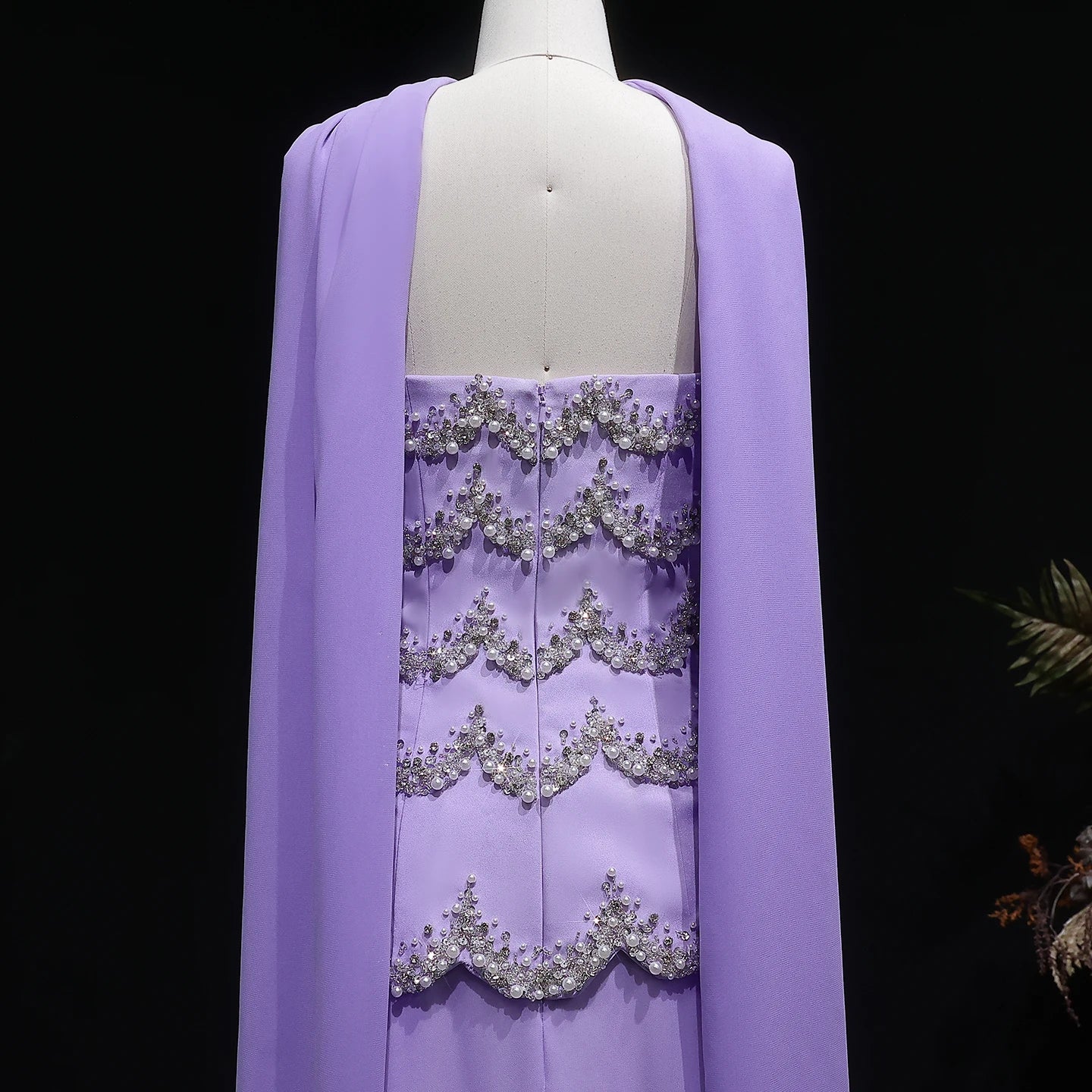 Purple Beaded A-Line Evening Gown with Scarf — Luxury GCC Formal — Riviera Couture GCC Luxury Evening Gown