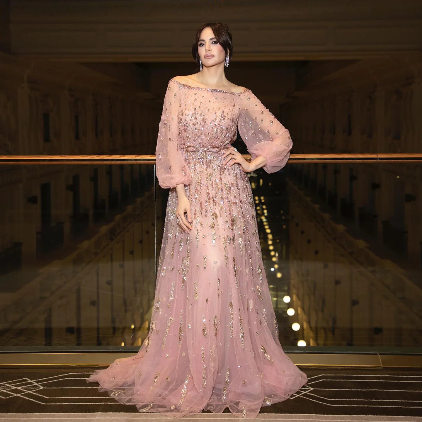 Pink Pink Long Sleeve Evening Gown with Bow — Luxury Beaded Arabic GCC — Riviera Couture GCC Luxury Evening Gown