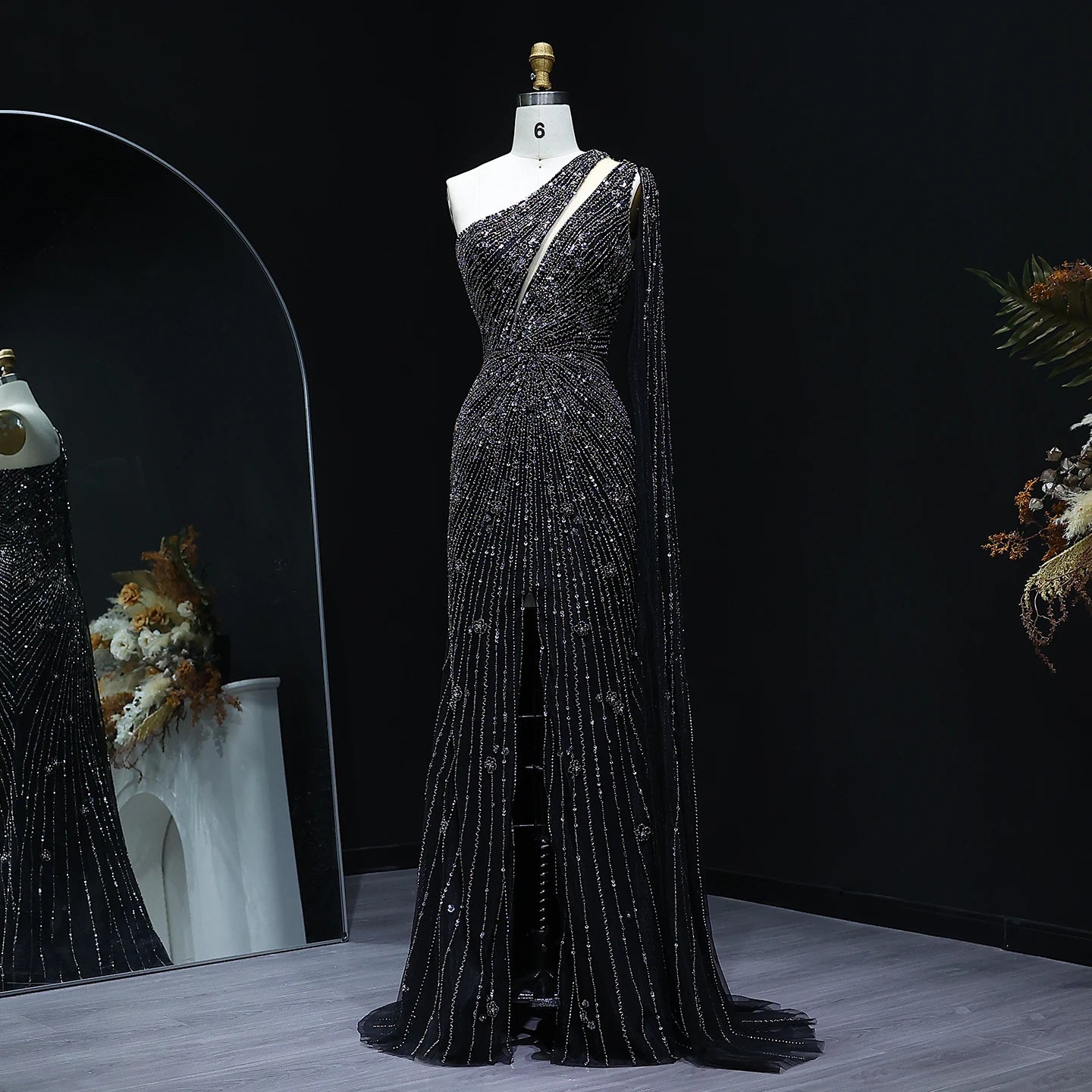 Yellow Black One-Shoulder Mermaid Evening Gown with Yellow Flowing Cape — Riviera Couture GCC Luxury Evening Gown