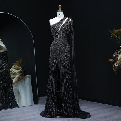 Yellow Black One-Shoulder Mermaid Evening Gown with Yellow Flowing Cape — Riviera Couture GCC Luxury Evening Gown