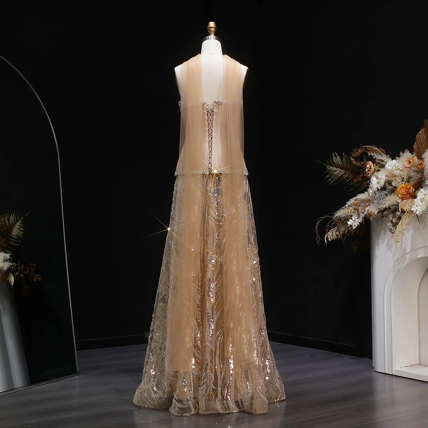 Champagne Beaded Sequined Evening Gown with Scarf — Luxury GCC Formal — Riviera Couture GCC Luxury Evening Gown