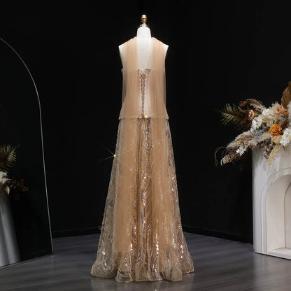 Champagne Beaded Sequined Evening Gown with Scarf — Luxury GCC Formal — Riviera Couture GCC Luxury Evening Gown
