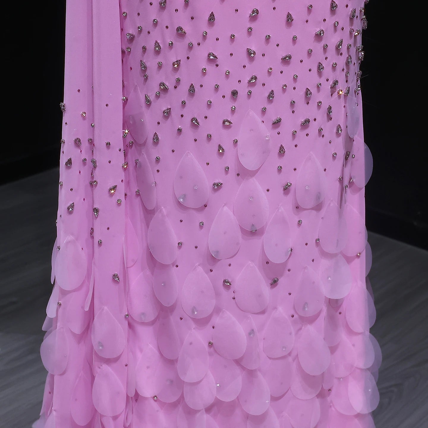 Pink Modest One-Shoulder Mermaid Evening Gown — 3D Leaves Crystal Cape — Riviera Couture GCC Luxury Evening Gown