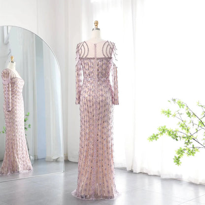 Long Sleeve Crystal Mermaid Gown - Riviera Couture