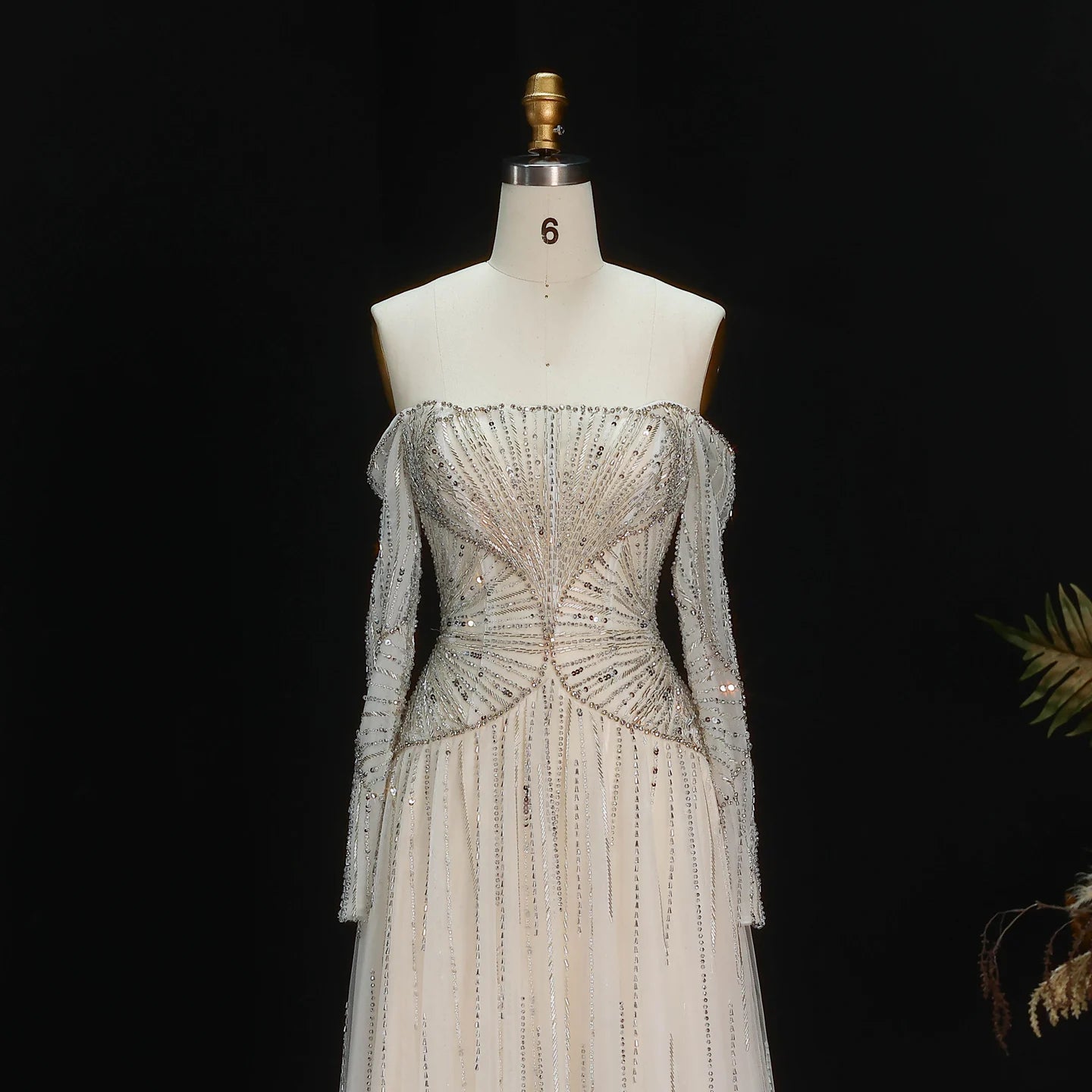 Beige Off Shoulder Long Sleeves Beaded Gown luxury evening dress by Riviera Couture