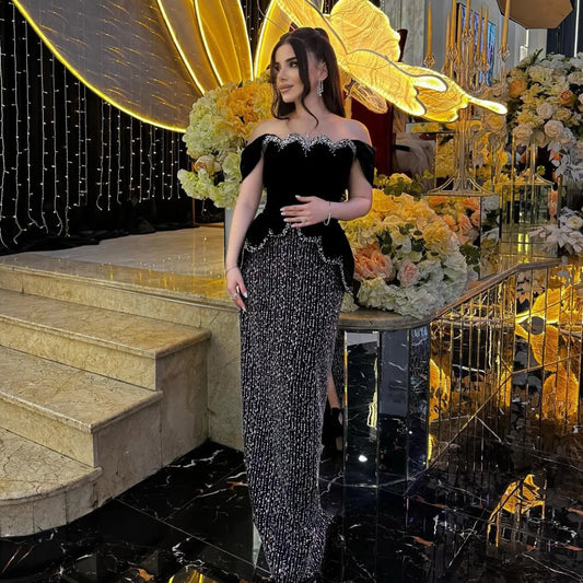 Black Black Beaded Off-Shoulder Evening Gown with Slit — Arabic Luxury — Riviera Couture GCC Luxury Evening Gown