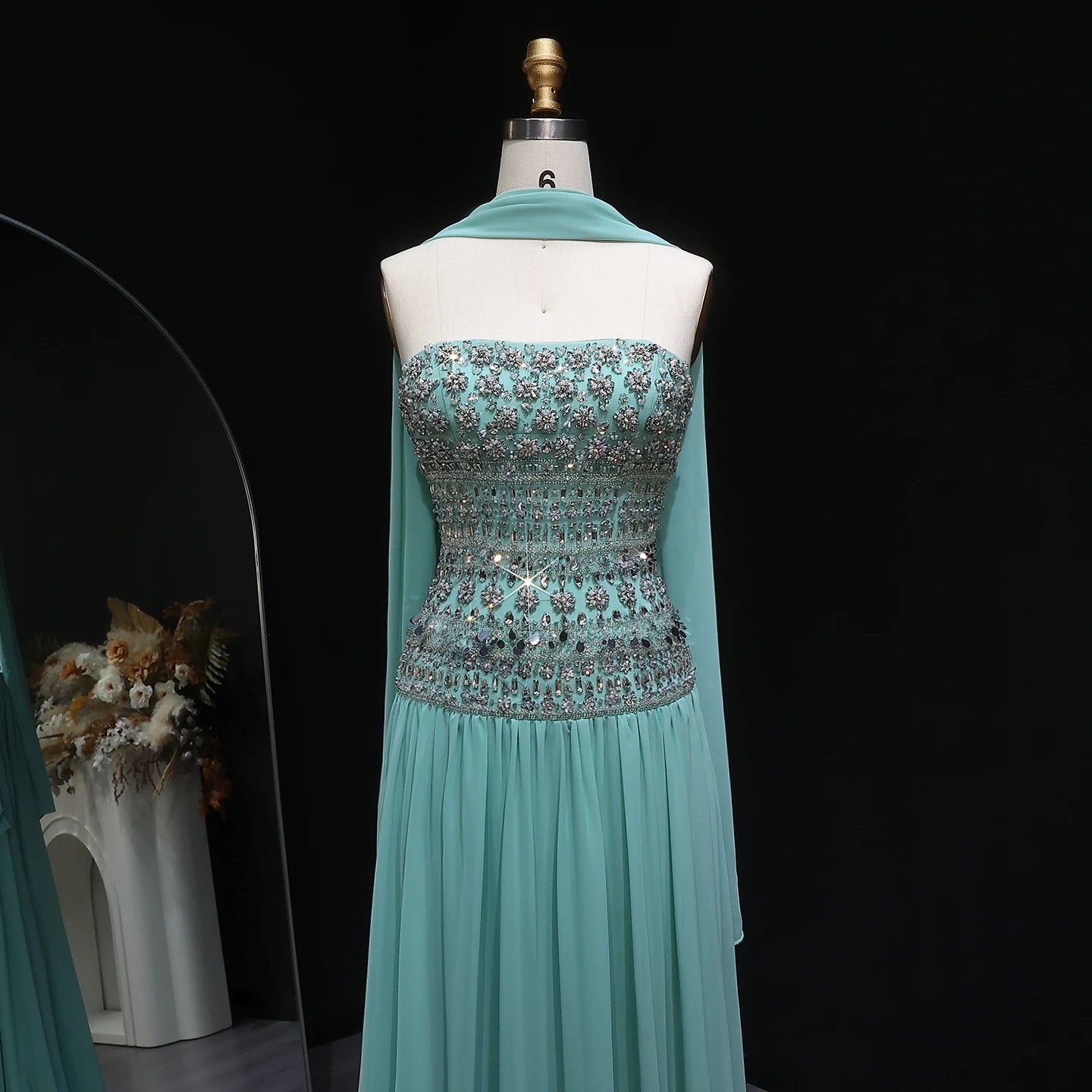 Lilac Long Sleeves Lilac Beaded Strapless Evening Gown with Flowing Chiffon Skirt — Riviera Couture GCC Luxury Evening Gown