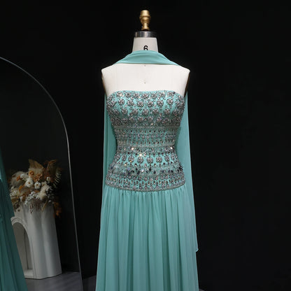 Lilac Long Sleeves Lilac Beaded Strapless Evening Gown with Flowing Chiffon Skirt — Riviera Couture GCC Luxury Evening Gown