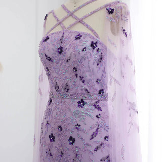 Lilac Evening Dress with Cape Sleeves and Criss Cross Neckline - Riviera Couture