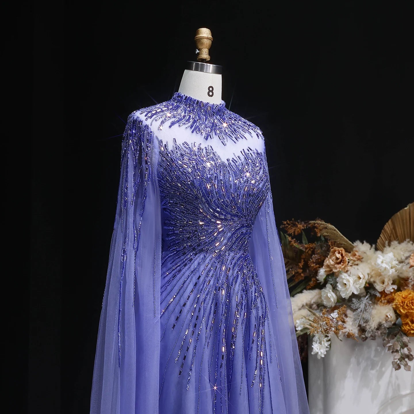 Blue Caramel Beaded High Neck Cape Sleeve Evening Gown — Sequin Tulle — Riviera Couture GCC Luxury Evening Gown
