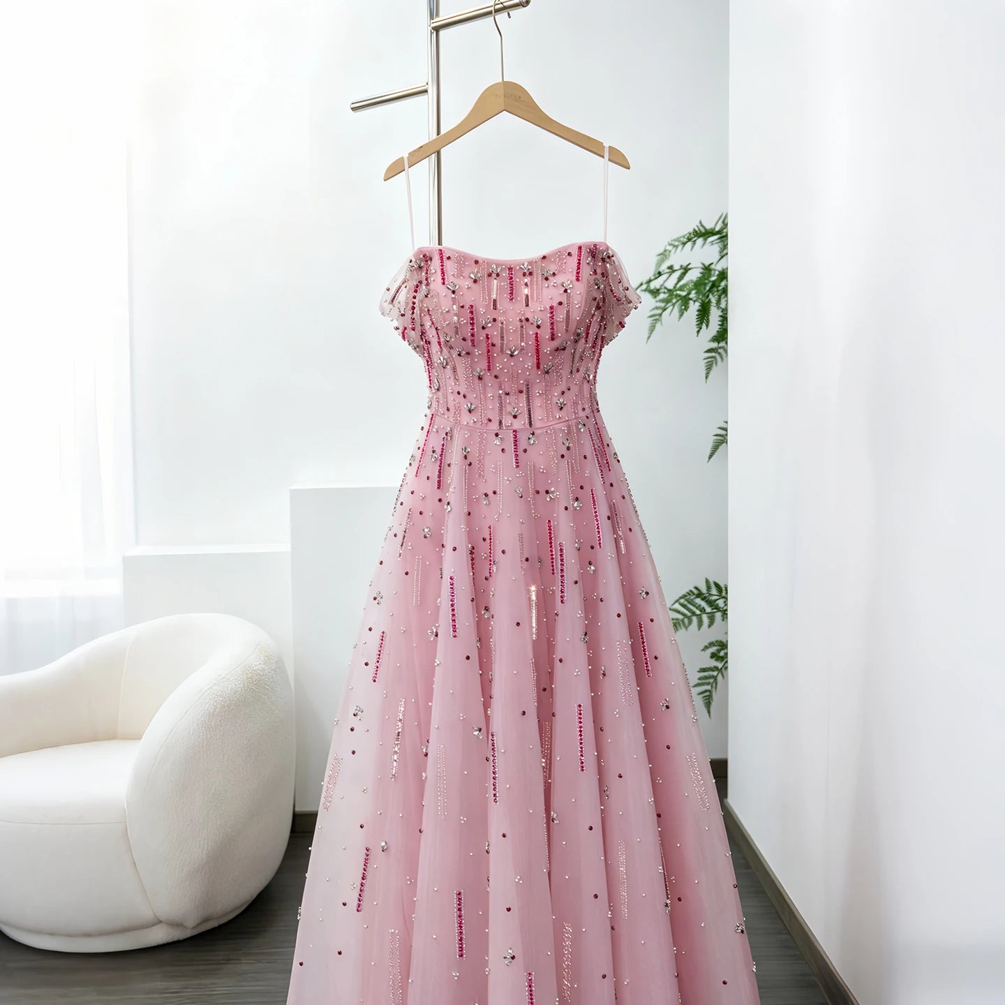 Pink Off-Shoulder A-Line Evening Gown — Luxury Beaded Arabic GCC — Riviera Couture GCC Luxury Evening Gown