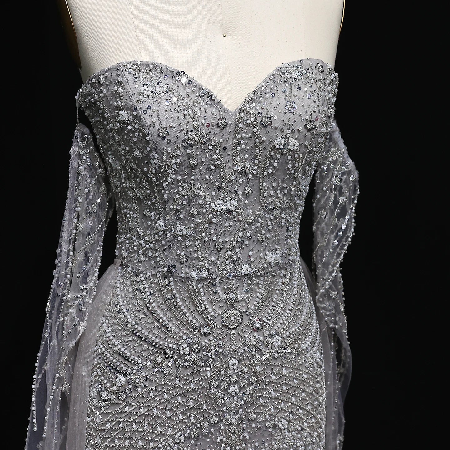 Gray Gray Dubai Evening Gown with Cape — Long Sleeve Detachable Overskirt — Riviera Couture GCC Luxury Evening Gown