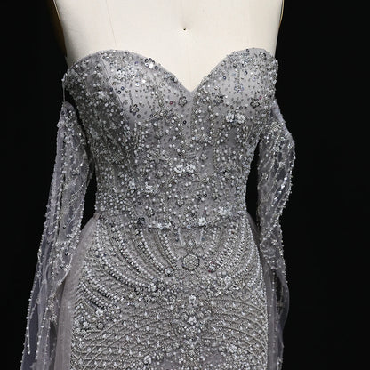 Gray Gray Dubai Evening Gown with Cape — Long Sleeve Detachable Overskirt — Riviera Couture GCC Luxury Evening Gown