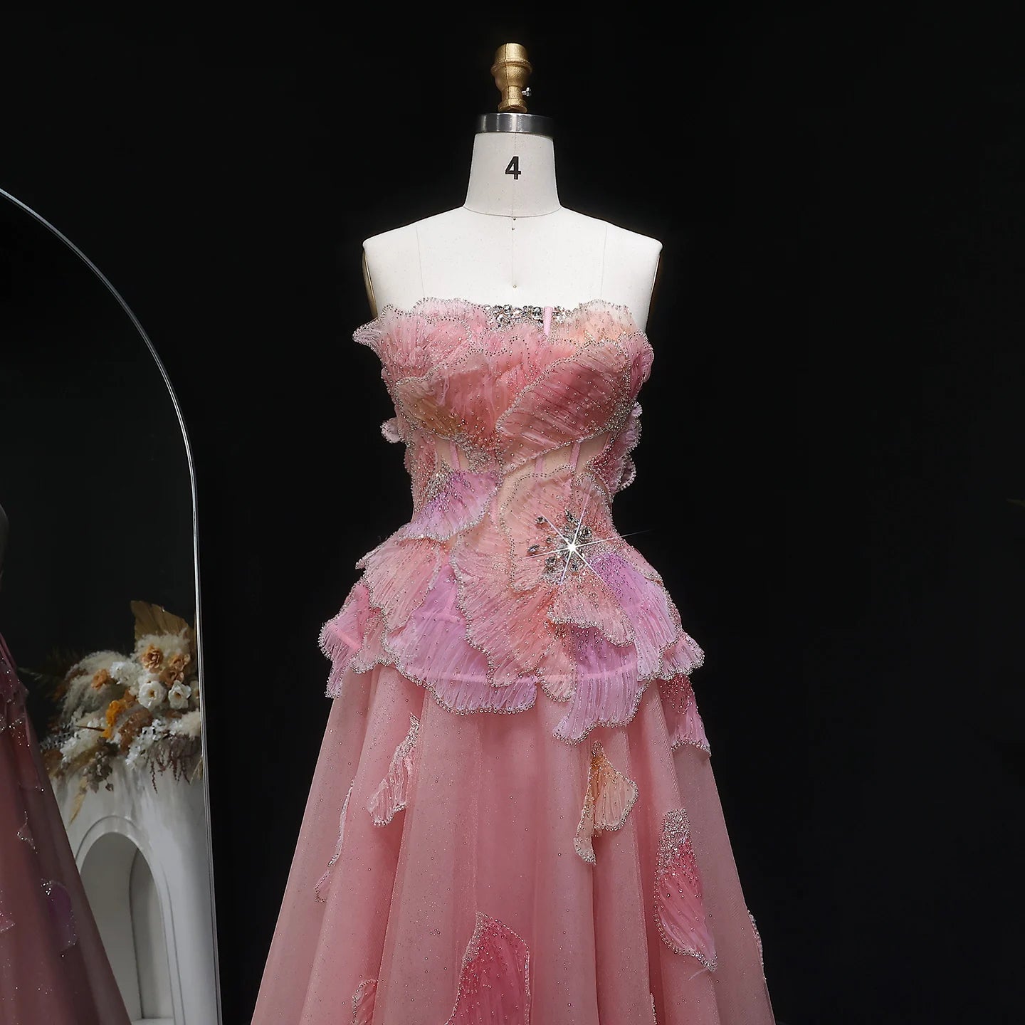 Pink Pink Strapless A-Line Evening Gown — 3D Flowers Crystal Beaded — Riviera Couture GCC Luxury Evening Gown