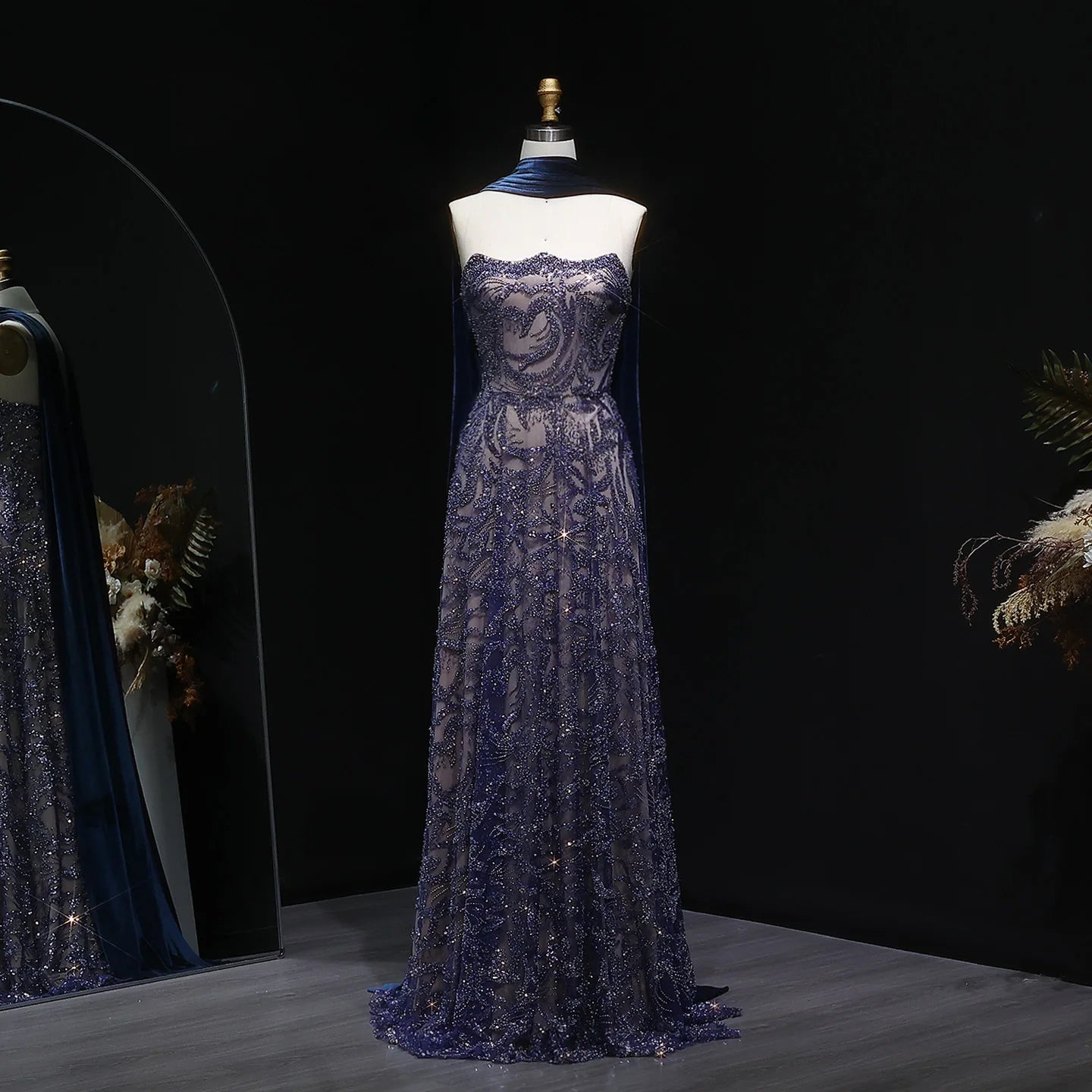 Blue Blue Velvet Two-Piece Evening Gown with Scarf — Arabic Luxury — Riviera Couture GCC Luxury Evening Gown