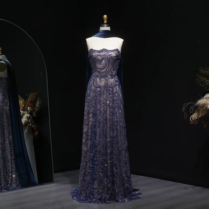 Blue Blue Velvet Two-Piece Evening Gown with Scarf — Arabic Luxury — Riviera Couture GCC Luxury Evening Gown