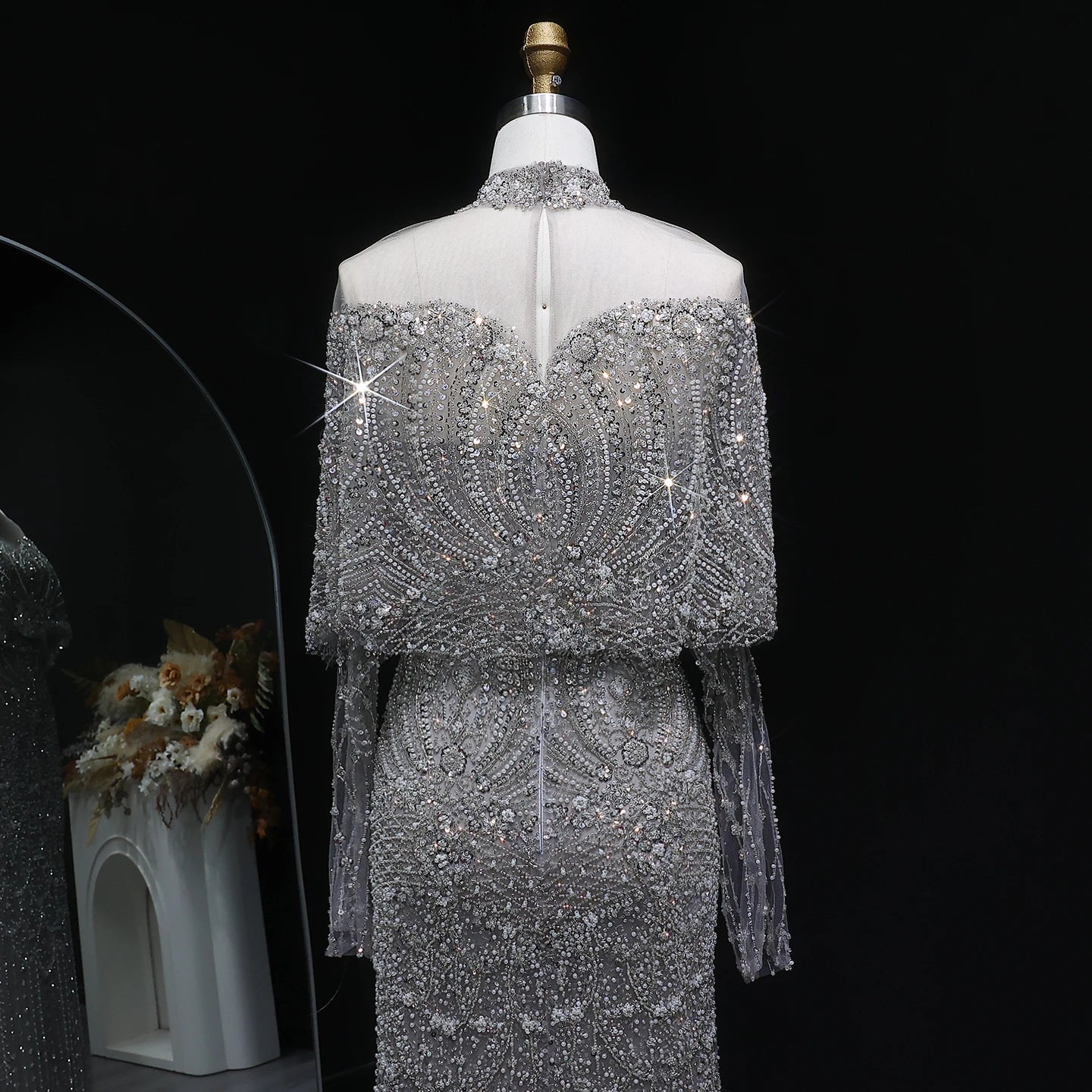 Wine Red Gray Dubai Evening Gown with Cape — Long Sleeve Detachable Overskirt — Riviera Couture GCC Luxury Evening Gown