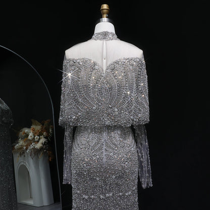 Wine Red Gray Dubai Evening Gown with Cape — Long Sleeve Detachable Overskirt — Riviera Couture GCC Luxury Evening Gown