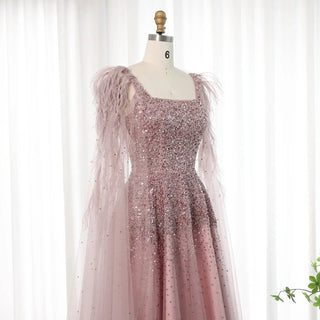 Dusty Pink Feathers Evening Dress with Cape - RC35 - Riviera Couture