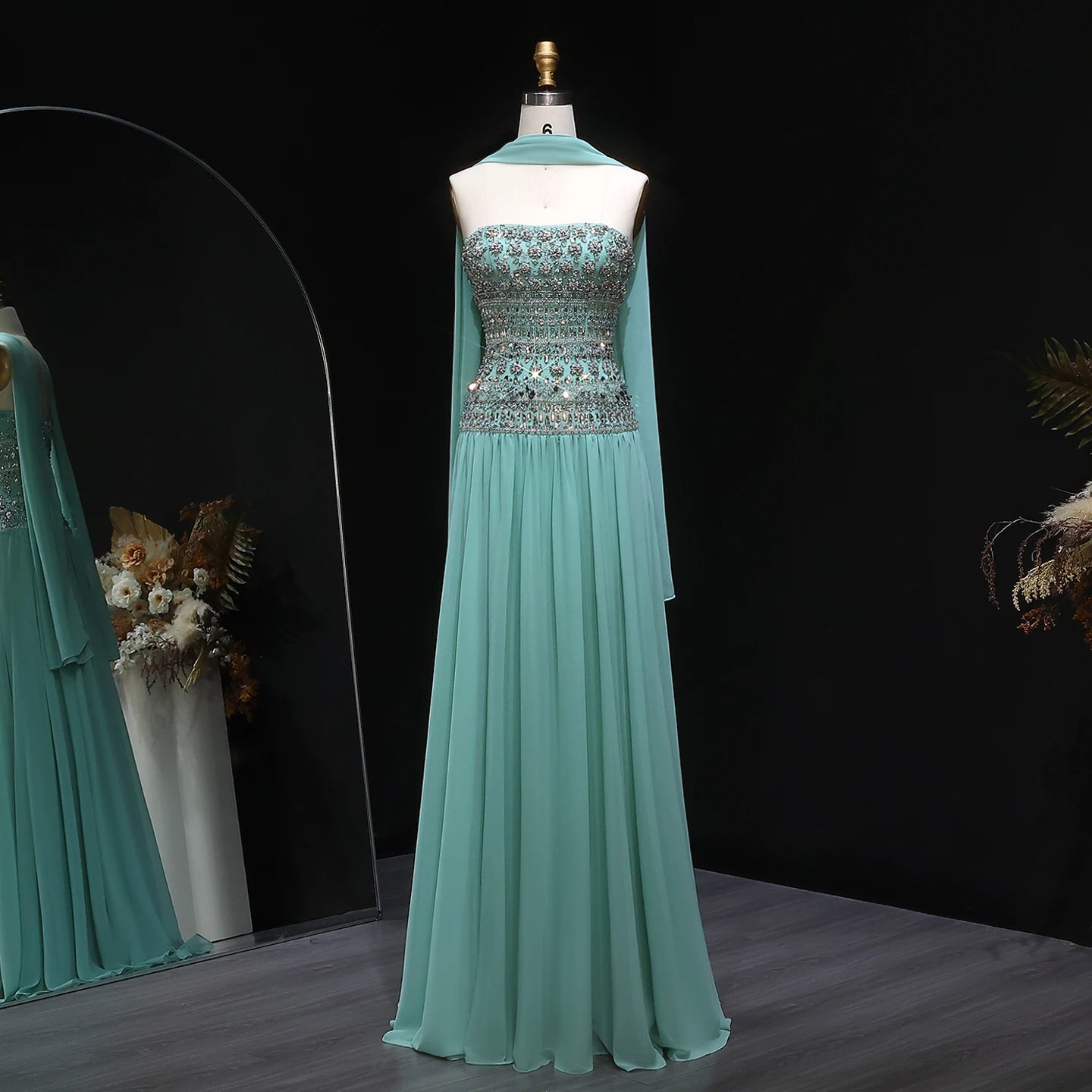 Lilac Beaded Strapless Evening Gown with Flowing Chiffon Skirt — Riviera Couture GCC Luxury Evening Gown