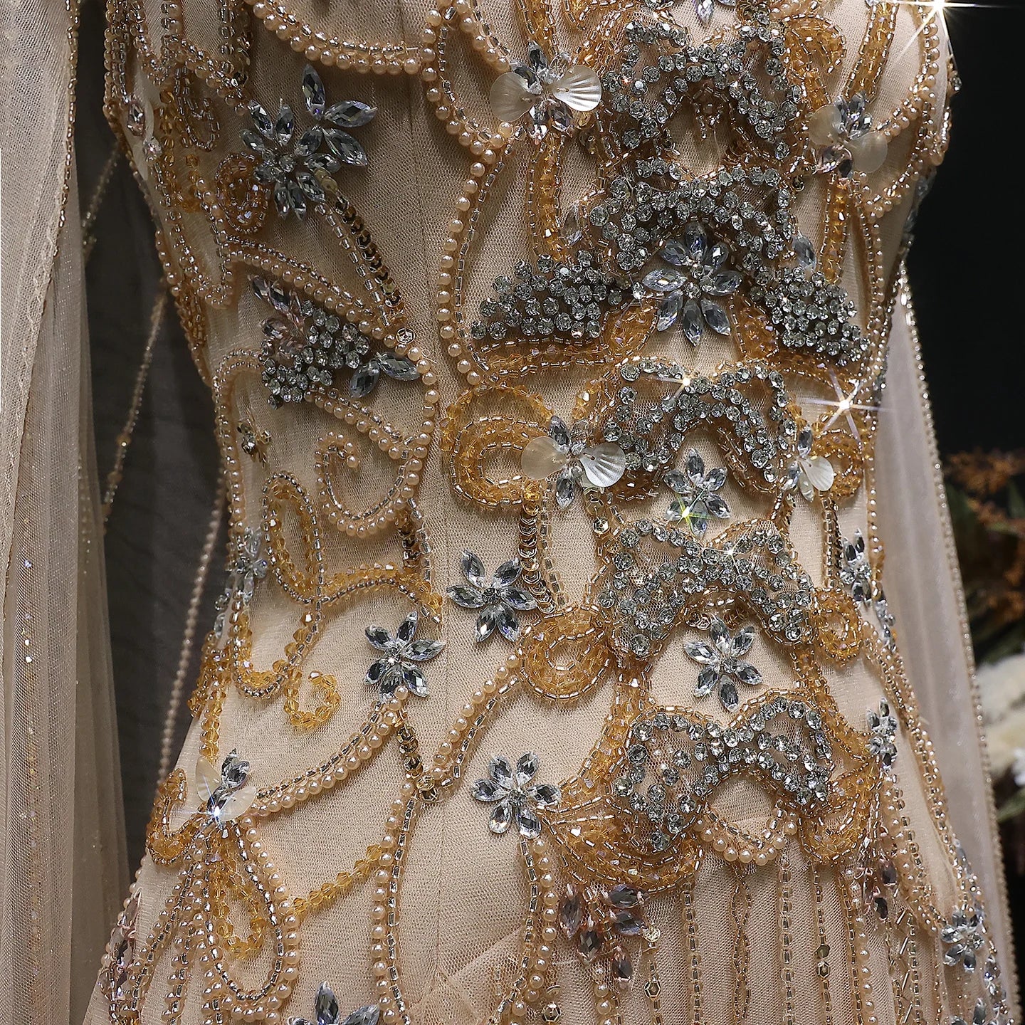 Crystal Beaded Evening Gown with Cape — Luxury GCC Wedding Formal — Riviera Couture GCC Luxury Evening Gown
