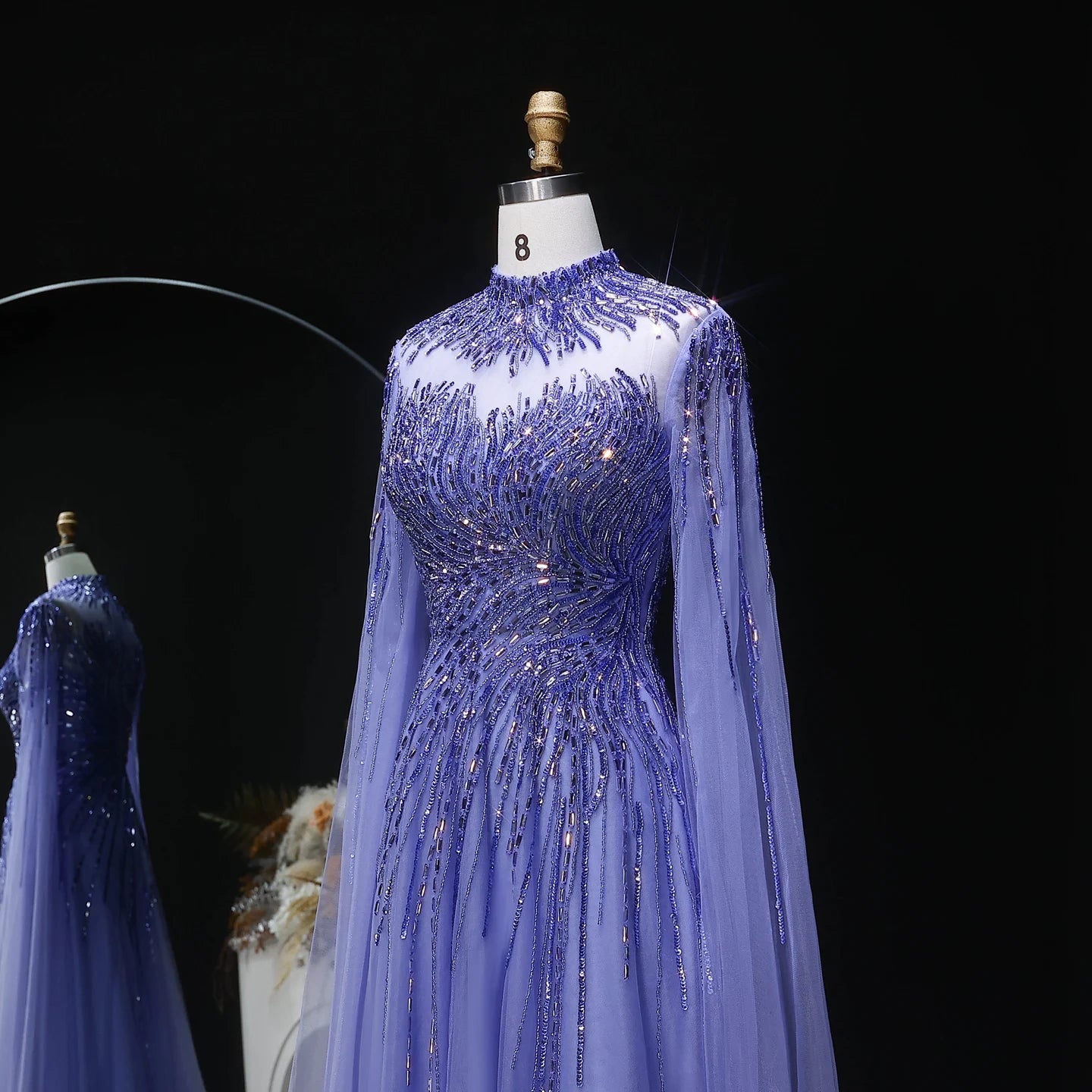 Caramel Caramel Beaded High Neck Cape Sleeve Evening Gown — Sequin Tulle — Riviera Couture GCC Luxury Evening Gown