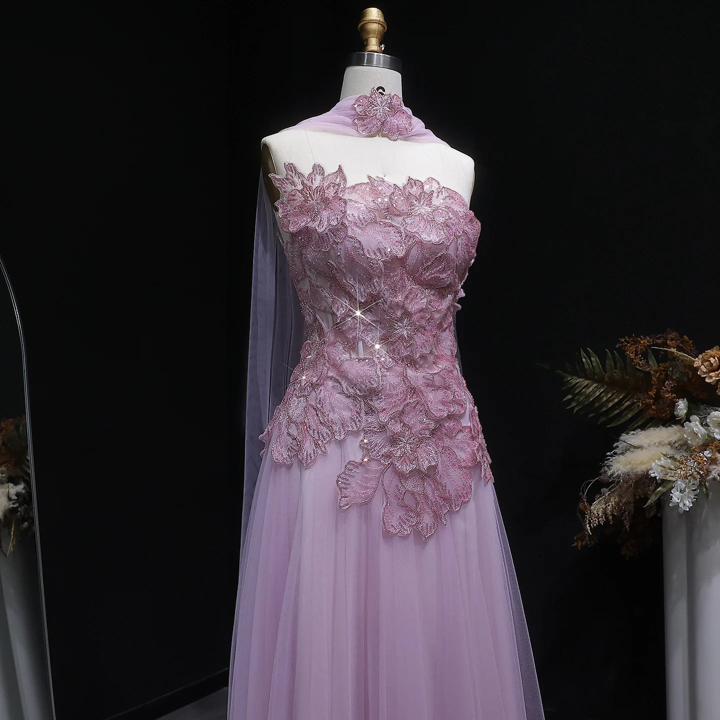 Blue A-Line Evening Gown with Scarf — Appliqué Beaded GCC Formal — Riviera Couture GCC Luxury Evening Gown