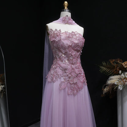 Blue A-Line Evening Gown with Scarf — Appliqué Beaded GCC Formal — Riviera Couture GCC Luxury Evening Gown