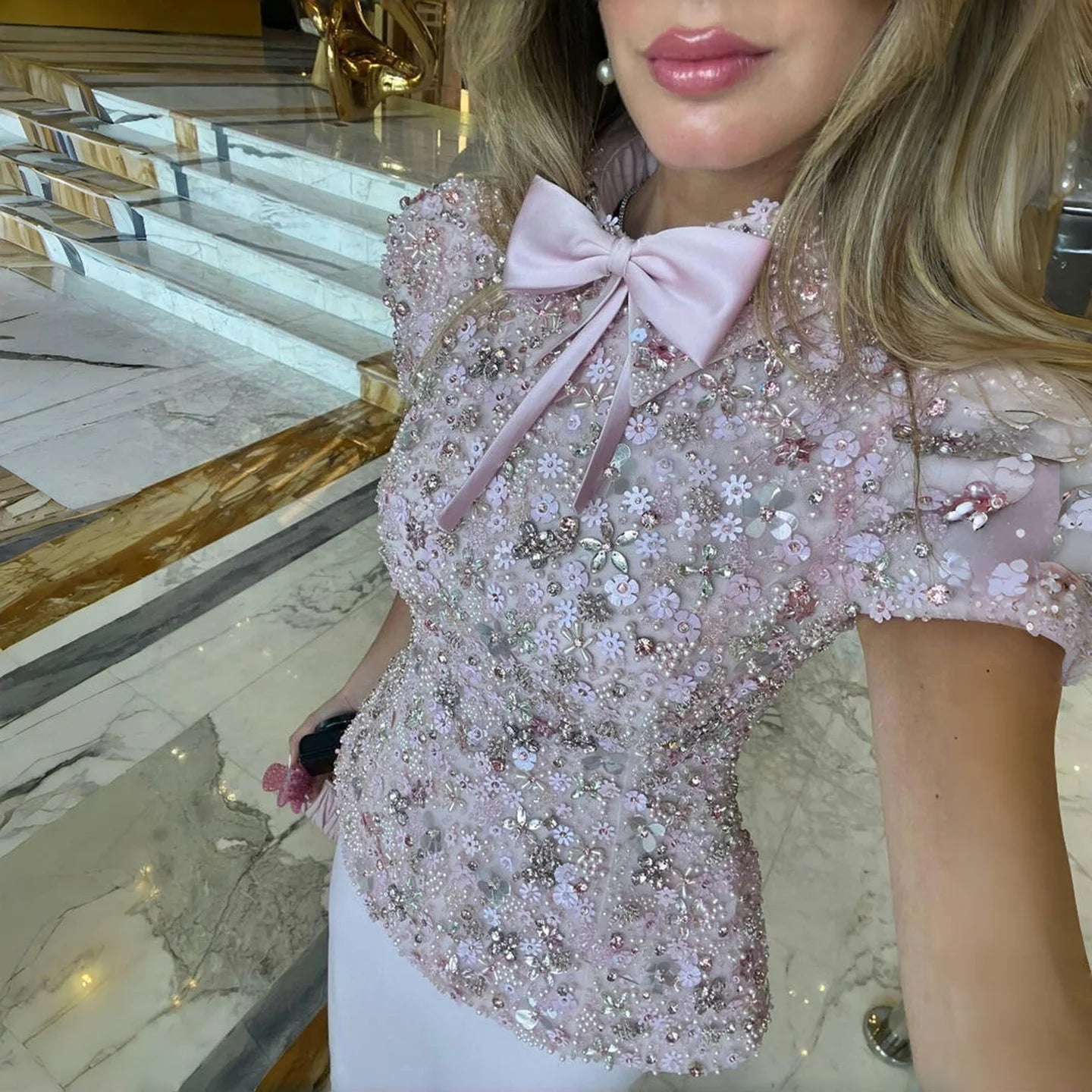 Pink Pink Beaded Two-Piece Evening Gown — Short Sleeve Arabic Luxury — Riviera Couture GCC Luxury Evening Gown