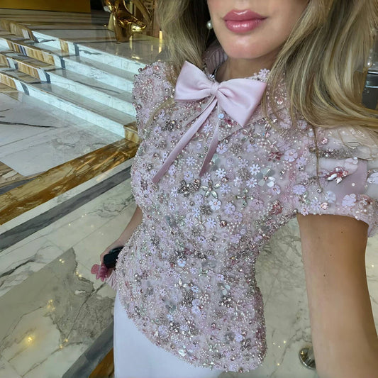 Pink Pink Beaded Two-Piece Evening Gown — Short Sleeve Arabic Luxury — Riviera Couture GCC Luxury Evening Gown