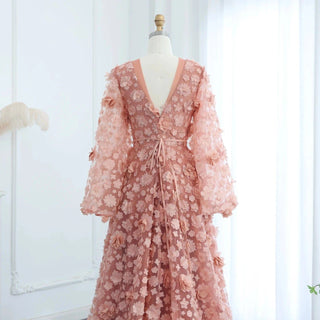 Blush Peach-Pink 3D Flowers Evening Dresses with Sleeves - Riviera Couture