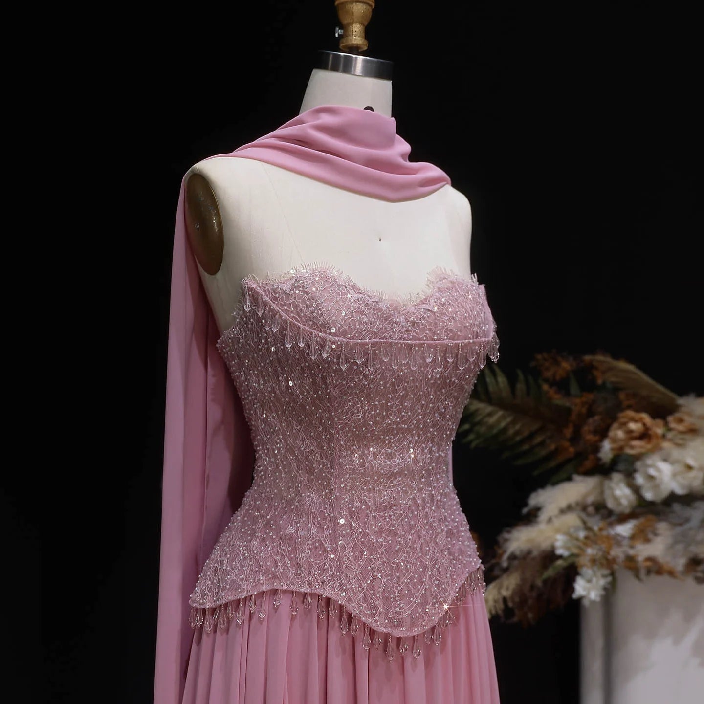 Pink Pink Draped A-Line Evening Gown with Scarf — Beaded GCC Luxury — Riviera Couture GCC Luxury Evening Gown