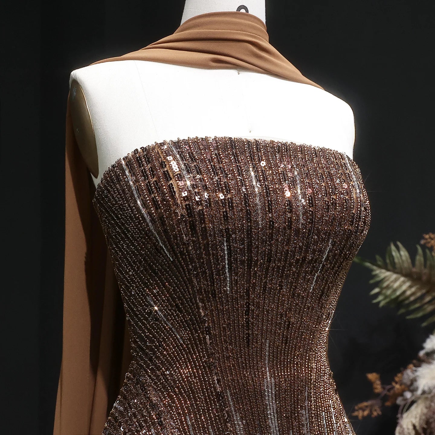 Brown Strapless Sequined Two-Piece Evening Gown with Scarf — GCC Luxury — Riviera Couture GCC Luxury Evening Gown