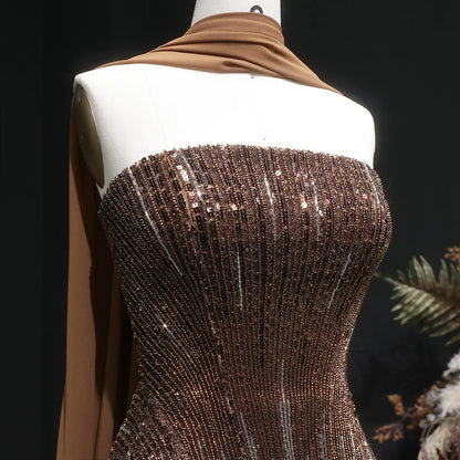 Brown Strapless Sequined Two-Piece Evening Gown with Scarf — GCC Luxury — Riviera Couture GCC Luxury Evening Gown