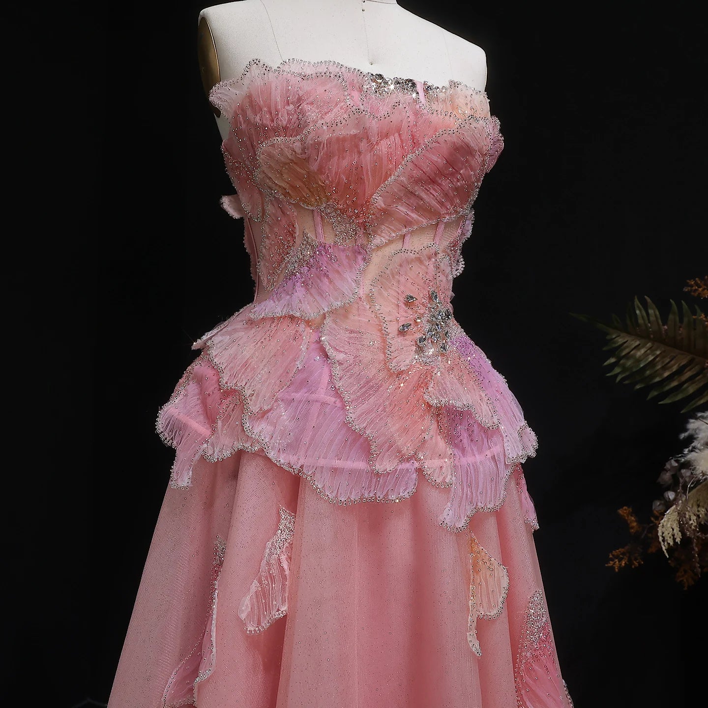 Pink Pink Strapless A-Line Evening Gown — 3D Flowers Crystal Beaded — Riviera Couture GCC Luxury Evening Gown
