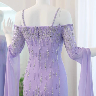 Lilac Mermaid Evening Dress with Cape Sleeves - Riviera Couture