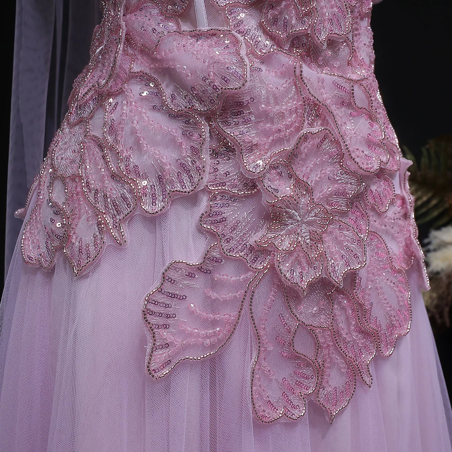 Pink A-Line Evening Gown with Scarf — Appliqué Beaded GCC Formal — Riviera Couture GCC Luxury Evening Gown