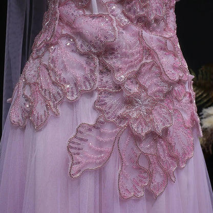 Pink A-Line Evening Gown with Scarf — Appliqué Beaded GCC Formal — Riviera Couture GCC Luxury Evening Gown
