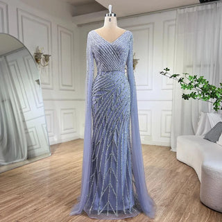 Mermaid Luxury Beaded Evening Dress with Cape Sleeves - RC320 - Riviera Couture